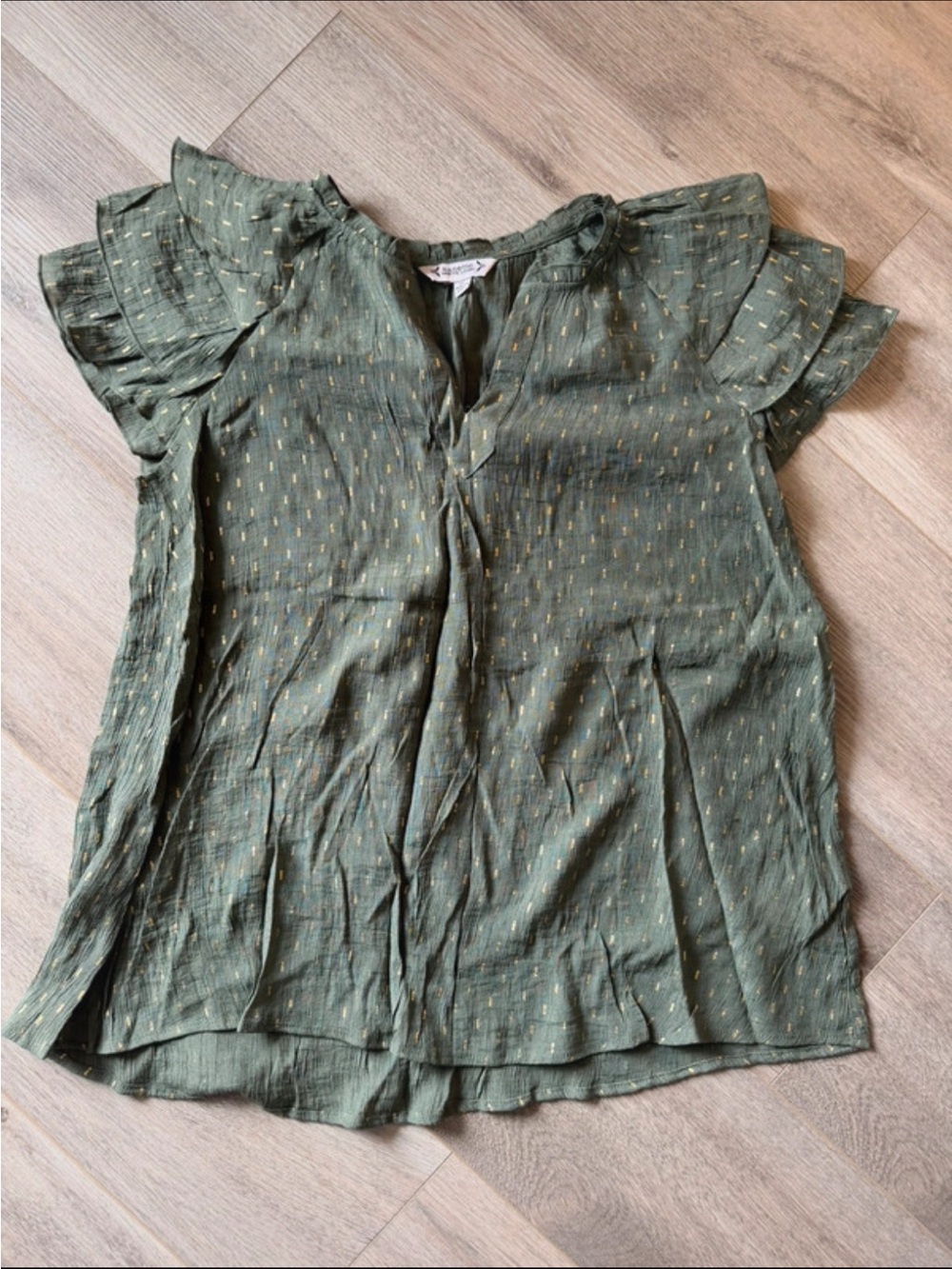Olive Green Flutter Sleeve Blouse with Subtle Gold Detail
